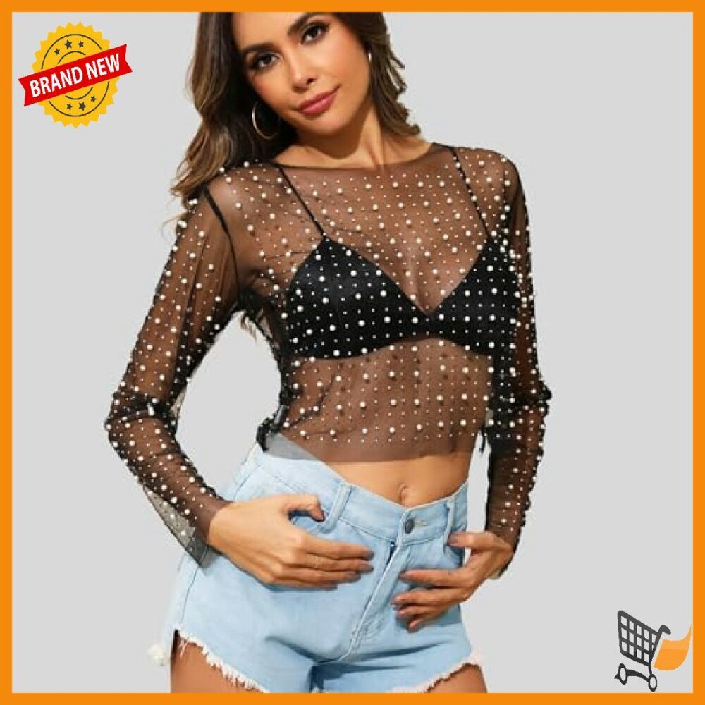 Sheer Mesh Crop Top Rhinestone Pearls Long Sleeve Slim Fit Blouse - Picture 6 of 8